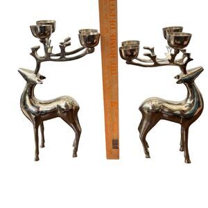 Pottery Barn? Metal Reindeer Candelabra Pair Silver Chrome? Candle Holder READ
